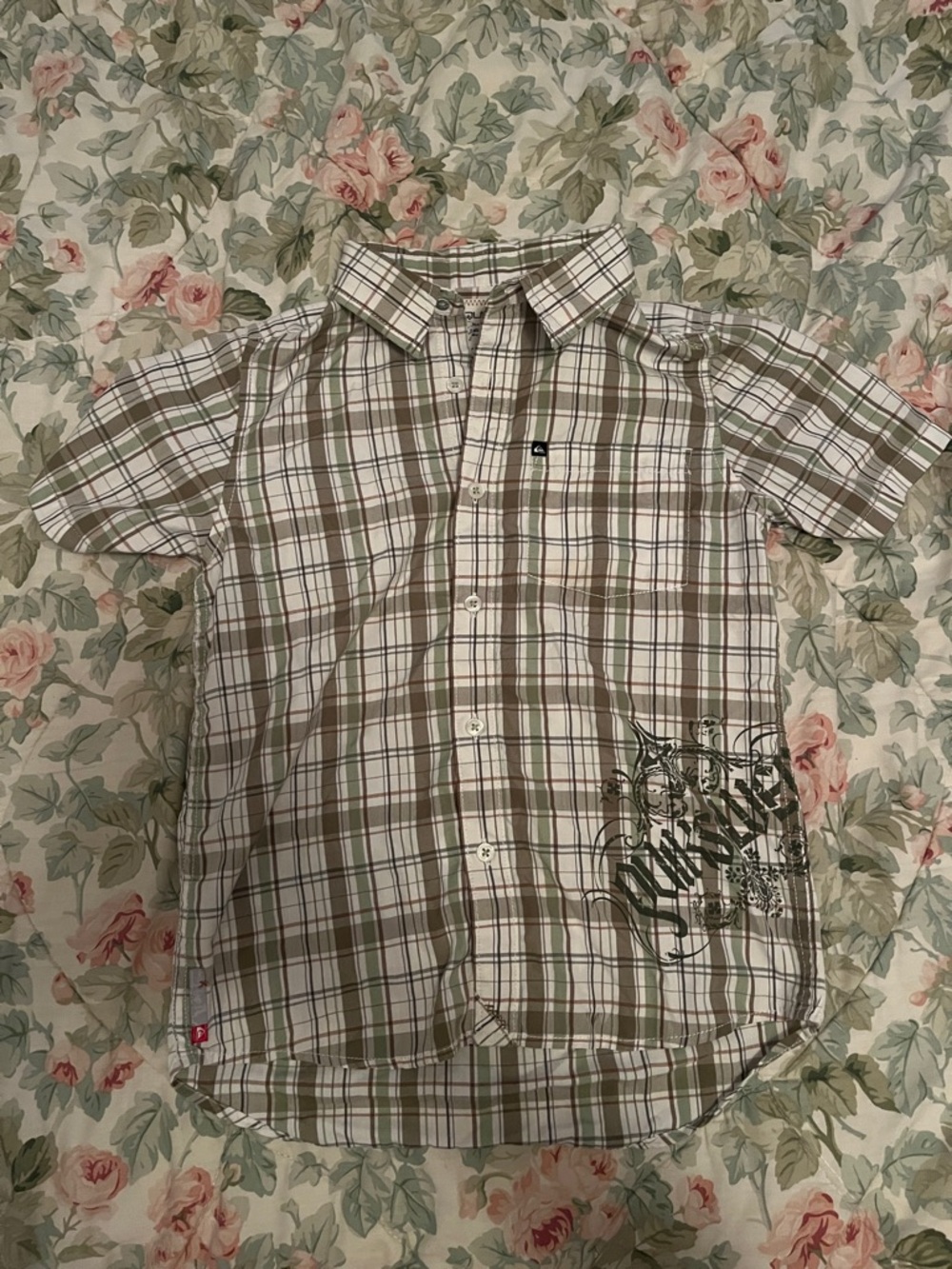 Quiksilver Olive and White Plaid Short-Sleeve Button-Up